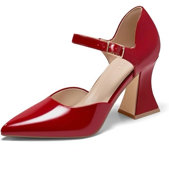 Red Chunky High Heel Shoes Pointed Toe, Ankle strap, Leather Upper Woman's 9 M - Picture 10 of 14